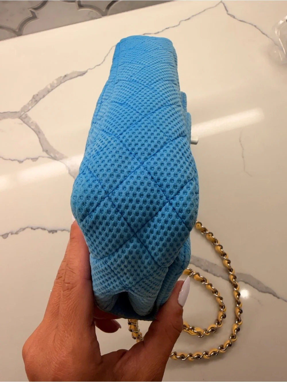 CHANEL Blue Quilted Perforated Jersey Shoulder Bag with  Chain